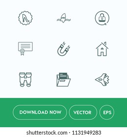 Modern, simple vector icon set on white background with surfer, heel, blank, footwear, architecture, jet, airplane, tropical, paper, surfing, protection, science, lock, estate, building, surf icons