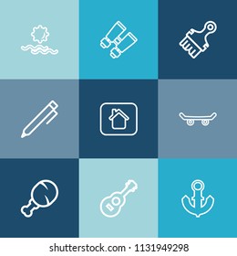 Modern, simple vector icon set on colorful blue backgrounds with sea, outdoor, light, morning, boat, nautical, guitar, chicken, board, watch, sunset, paintbrush, write, home, glasses, white, sun icons