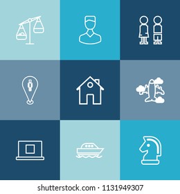 Modern, simple vector icon set on colorful blue backgrounds with ocean, business, head, internet, real, people, female, happy, measure, estate, scale, boy, girl, aircraft, avatar, location, map icons