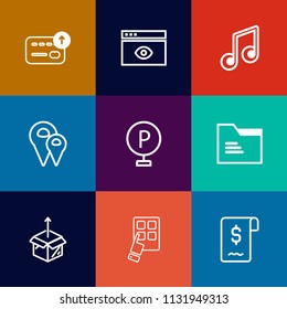 Modern, simple vector icon set on colorful flat backgrounds with new, blank, cash, sound, window, note, lot, treble, pin, urban, business, technology, page, folder, bank, package, template, coin icons