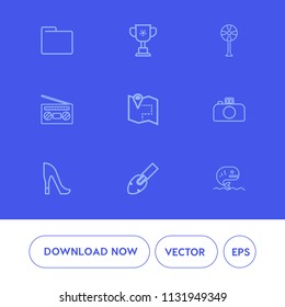 Modern, simple vector icon set on blue background with equipment, championship, photography, trophy, sport, location, paper, white, cup, fish, seafood, construction, road, office, shoe, file icons