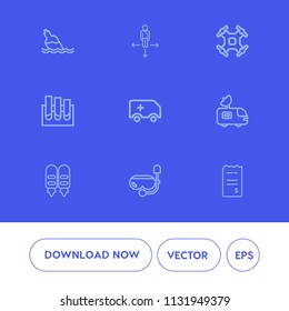 Modern, simple vector icon set on blue background with aerial, place, liquid, transparent, , analysis, water, control, money, helicopter, antenna, research, plastic, van, technology, drink, mask icons