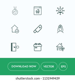 Modern, simple vector icon set on white background with home, white, technology, internet, gold, mobile, rent, computer, kitchen, ribbon, price, fashion, cut, estate, love, screen, escape, gift icons