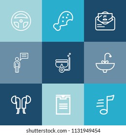 Modern, simple vector icon set on colorful blue backgrounds with fast, music, envelope, sign, headset, sink, restaurant, leg, person, technology, snorkel, box, science, laboratory, meal, faucet icons