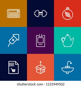 Modern, simple vector icon set on colorful flat backgrounds with drink, water, east, kettle, direction, north, box, mathematics, package, shopping, label, workout, sign, list, supermarket, badge icons