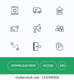 Modern, simple vector icon set on white background with household, fahrenheit, transportation, business, door, sign, washer, megaphone, equipment, thermometer, map, worker, travel, scale, people icons
