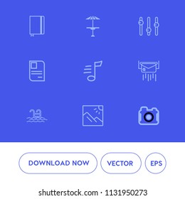 Modern, simple vector icon set on blue background with restaurant, pub, music, counter, musical, swimming, table, card, photographer, melody, identity, pool, envelope, travel, equality, object icons
