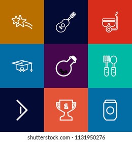 Modern, simple vector icon set on colorful flat backgrounds with dinner, falling, laboratory, award, button, education, can, arrow, musical, right, mask, tool, sparkle, place, music, guitar, sea icons