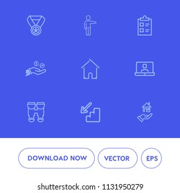 Modern, simple vector icon set on blue background with video, winner, upstairs, equipment, hand, young, check, optical, estate, female, reward, win, technology, success, victory, business, list icons
