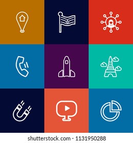 Modern, simple vector icon set on colorful flat backgrounds with national, pin, red, usa, eiffel, cutout, media, magnetic, travel, pie, pole, shuttle, chart, telephone, france, location, map icons