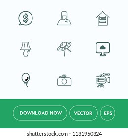 Modern, simple vector icon set on white background with space, food, bellboy, ufo, business, lens, circle, photography, hotel, customer, label, lamp, celebration, price, air, sign, hospitality icons