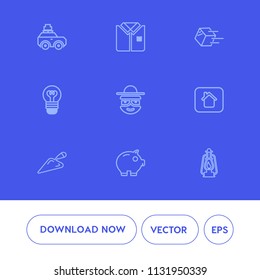 Modern, simple vector icon set on blue background with cash, electric, shovel, tourism, luggage, fashion, shipping, package, money, building, metal, suitcase, electricity, delivery, vacation icons