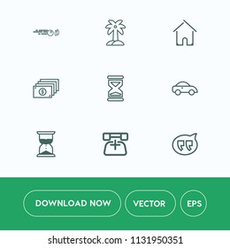 Modern, simple vector icon set on white background with natural, tropical, sport, finance, recreation, chat, money, transport, strike, speech, bowl, plant, coconut, hour, timer, cash, tree, taxi icons