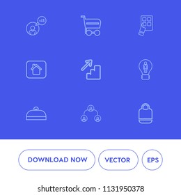 Modern, simple vector icon set on blue background with device, work, idea, computer, style, bag, leather, creative, home, up, people, buy, object, trip, sale, office, estate, down, shop, concept icons
