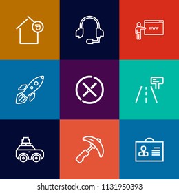 Modern, simple vector icon set on colorful flat backgrounds with shuttle, business, sound, loan, female, woman, center, support, technology, cancel, crane, web, luggage, home, equipment, estate icons
