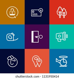 Modern, simple vector icon set on colorful flat backgrounds with sack, tree, sign, safe, currency, map, hand, tape, protection, pin, announcement, padlock, loudspeaker, loud, environment, nature icons