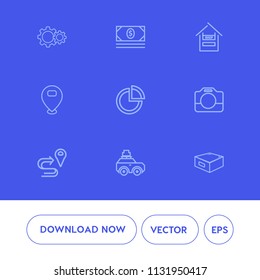 Modern, simple vector icon set on blue background with concept, travel, trolley, banking, finance, wealth, map, suitcase, luggage, coin, web, cash, market, money, supermarket, bag, road, route icons