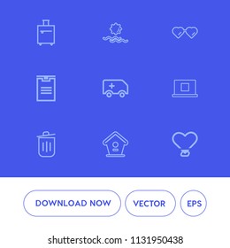 Modern, simple vector icon set on blue background with nature, bird, trash, profile, sky, sign, car, trip, internet, sunrise, emergency, home, tourist, web, sun, tourism, outdoor, recycling, bin icons