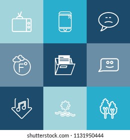 Modern, simple vector icon set on colorful blue backgrounds with television, communication, technology, mobile, chat, wireless, music, sound, fahrenheit, folder, touchscreen, environment, sun icons