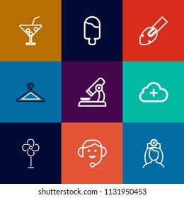 Modern, simple vector icon set on colorful flat backgrounds with microscope, strawberry, healthcare, cocktail, shop, cooler, ice, tropical, cloud, glass, center, alcohol, science, electric, air icons