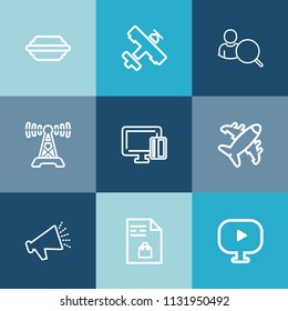 Modern, simple vector icon set on colorful blue backgrounds with airplane, list, bun, sandwich, market, burger, travel, media, computer, loudspeaker, card, web, communication, sign, aircraft icons