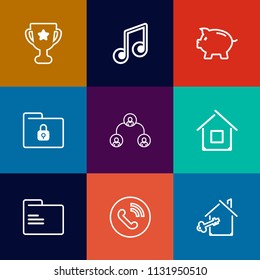 Modern, simple vector icon set on colorful flat backgrounds with winner, safety, place, musical, call, security, structure, melody, hierarchy, award, paper, win, finance, circle, ring, property icons