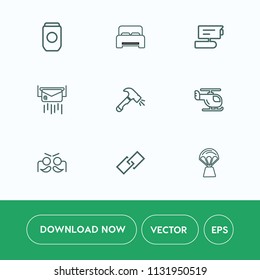 Modern, simple vector icon set on white background with post, camera, hyperlink, bedroom, equipment, bed, white, carnival, hot, air, construction, envelope, transport, canned, balloon, sky, mail icons