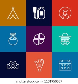 Modern, simple vector icon set on colorful flat backgrounds with carnival, vase, camp, schedule, holiday, extinguisher, character, tool, decoration, male, equipment, emergency, travel, party icons