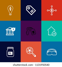 Modern, simple vector icon set on colorful flat backgrounds with bank, glasses, business, sale, currency, container, door, discount, tin, house, navigation, location, property, retail, travel icons