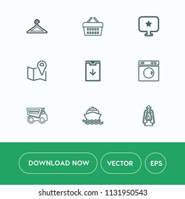 Modern, simple vector icon set on white background with location, retail, basket, purchase, metal, sale, store, map, computer, web, dump, clean, hanger, wardrobe, clothing, sea, lantern, yacht icons