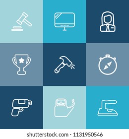 Modern, simple vector icon set on colorful blue backgrounds with winner, courtroom, court, housework, judge, business, people, justice, gun, job, hot, employee, internet, kettle, legal, ironing icons