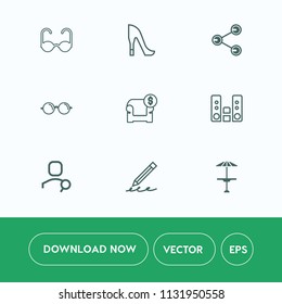 Modern, simple vector icon set on white background with high, audio, sunglasses, internet, search, pub, summer, sun, heel, eye, bar, write, music, light, female, social, table, elegant, couch icons