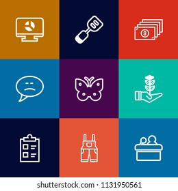 Modern, simple vector icon set on colorful flat backgrounds with utensil, spatula, speaker, nature, conference, meeting, cash, template, bubble, finance, money, information, butterfly, mark, fly icons