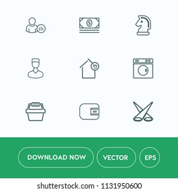 Modern, simple vector icon set on white background with coin, cash, currency, backdrop, laundry, banking, strategy, purse, social, house, white, piece, bank, scene, store, internet, horse, web icons