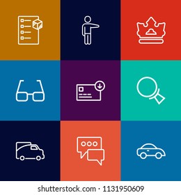 Modern, simple vector icon set on colorful flat backgrounds with finger, female, package, warehouse, white, luxury, delivery, hand, speech, search, people, eye, find, vehicle, person, van, royal icons