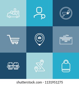 Modern, simple vector icon set on colorful blue backgrounds with job, location, keyboard, navigation, shipping, cart, internet, platform, bag, tobacco, cigarette, trailer, competition, glove, no icons