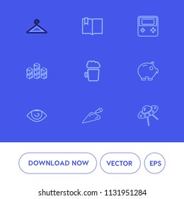 Modern, simple vector icon set on blue background with fashion, background, rack, technology, web, equipment, shop, education, bar, store, open, finance, spaceship, money, alcohol, space, eye icons
