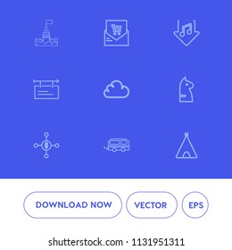 Modern, simple vector icon set on blue background with download, finance, fantasy, adventure, old, music, chessboard, building, supermarket, game, sign, tent, blank, bus, camp, travel, poster icons
