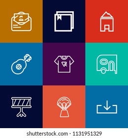 Modern, simple vector icon set on colorful flat backgrounds with poster, mail, instrument, real, fashion, web, t-shirt, graphic, paper, air, rock, van, download, travel, shirt, document, home icons