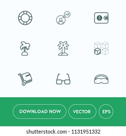 Modern, simple vector icon set on white background with travel, freelance, pool, money, cardboard, airport, business, replacement, finance, bag, eye, freelancer, package, relocation, wallet, pay icons