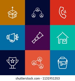 Modern, simple vector icon set on colorful flat backgrounds with new, reward, technology, cardboard, screen, package, handle, prize, win, mobile, hierarchy, box, astronomy, communication, house icons