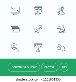 Modern, simple vector icon set on white background with ocean, travel, wildlife, optical, route, road, internet, reflection, account, monitor, money, navigation, credit, plastic, animal, musical icons