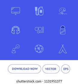 Modern, simple vector icon set on blue background with mask, sound, emergency, food, travel, pc, security, danger, tent, monitor, salt, business, technology, complete, profile, adventure, luck icons