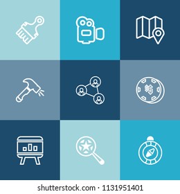 Modern, simple vector icon set on colorful blue backgrounds with technology, infographic, handle, screwdriver, compass, travel, direction, casino, business, find, camcorder, screen, south, east icons