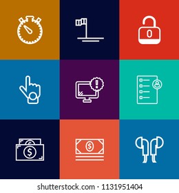 Modern, simple vector icon set on colorful flat backgrounds with gesture, watch, cash, baja, timer, finance, security, minute, audio, currency, mexico, human, open, headset, money, job, desktop icons