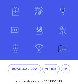 Modern, simple vector icon set on blue background with telephone, air, cooking, balloon, shopping, bbq, vintage, call, sale, communication, travel, map, technology, barbecue, location, store icons