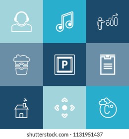 Modern, simple vector icon set on colorful blue backgrounds with building, car, coffee, button, package, temperature, melody, center, growth, transport, drink, scale, progress, headset, operator icons