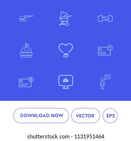 Modern, simple vector icon set on blue background with physical, rifle, love, sport, machine, food, army, gun, grill, exercise, person, fire, hot, black, weapon, bread, heart, tomato, war, cash icons