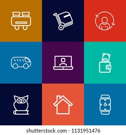 Modern, simple vector icon set on colorful flat backgrounds with vision, profile, hand, baggage, luggage, highway, communication, owl, technology, bus, quality, suitcase, search, wallet, view icons