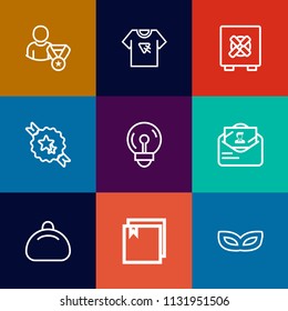 Modern, simple vector icon set on colorful flat backgrounds with bank, style, object, envelope, shirt, energy, lock, sign, electric, mail, light, file, safety, bulb, carnival, finance, subscribe icons